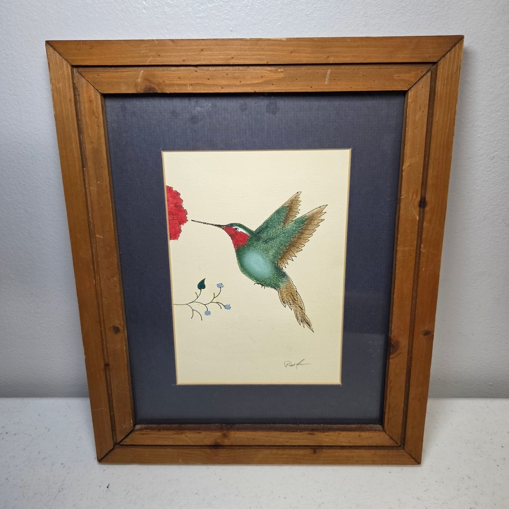 Vintage Hummingbird Art Print Signed Rick Low Wood Frame 9x11